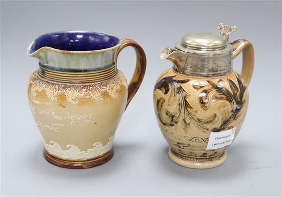 A Doulton Lambeth leaf incised jug with plated cover, c.1875, by Arthur B Barlow and a similar motto jug, c.1895, H. 18.5cm and 16.5cm